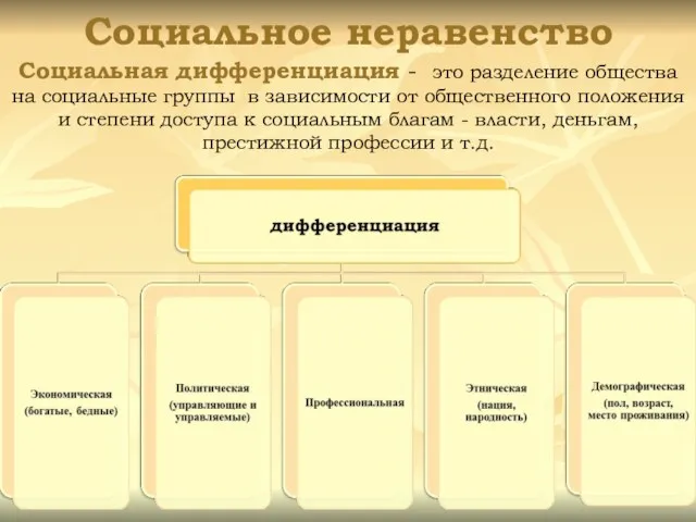 Социальное неравенство Социальная дифференциация - это разделение общества на социальные