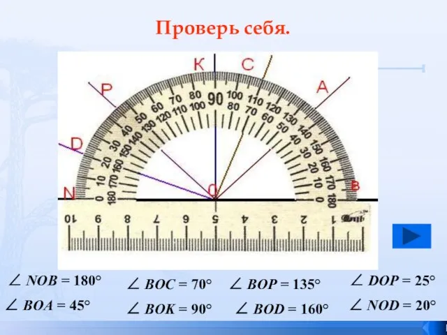 Проверь себя. ∠ NOB = 180° ∠ BOA = 45°