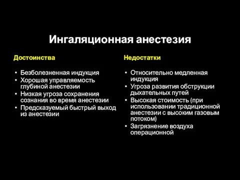 Ингаляционная анестезия Достоинства Безболезненная индукция Хорошая управляемость глубиной анестезии Низкая