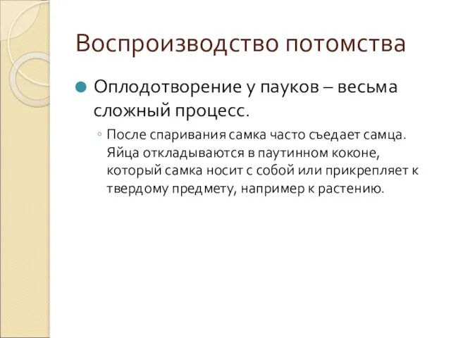 Воспроизводство потомства Оплодотворение у пауков – весьма сложный процесс. После