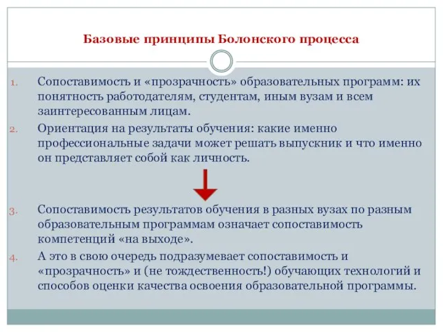 Базовые принципы Болонского процесса Сопоставимость и «прозрачность» образовательных программ: их