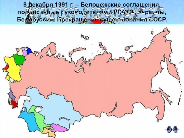 8 декабря 1991 г. – Беловежские соглашения, подписанные руководителями РСФСР, Украины, Белоруссии. Прекращение