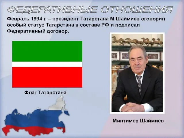 Февраль 1994 г. – президент Татарстана М.Шаймиев оговорил особый статус Татарстана в составе