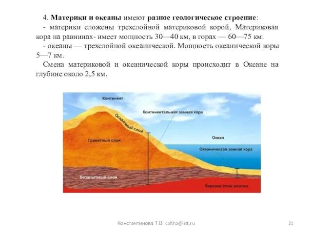 Константинова Т.В. caltha@list.ru 4. Материки и океаны имеют разное геологическое