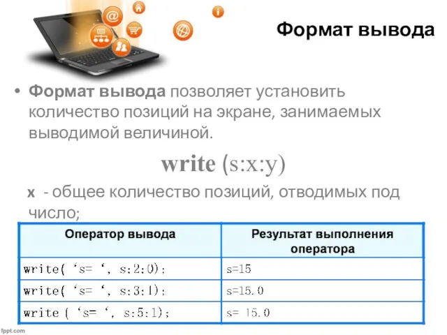 Формат вывода Формат вывода позволяет установить количество позиций на экране,