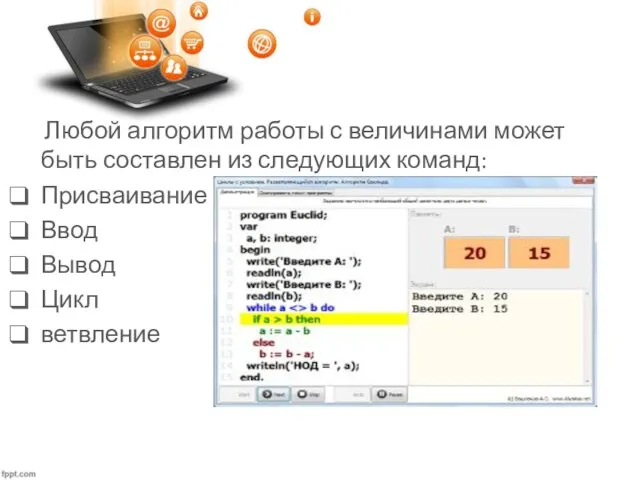 Любой алгоритм работы с величинами может быть составлен из следующих команд: Присваивание Ввод Вывод Цикл ветвление