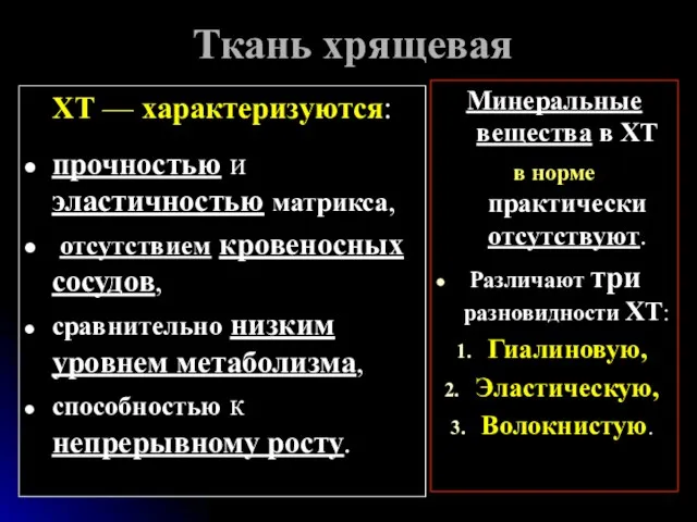 Ткань хрящевая ХТ — характеризуются: прочностью и эластичностью матрикса, отсутствием