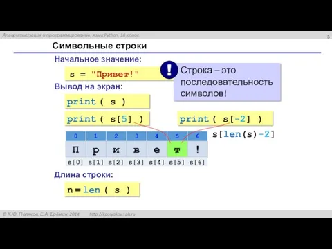 Символьные строки Начальное значение: Вывод на экран: print ( s