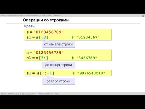 Операции со строками Срезы: s = "0123456789" s1 = s[:8]