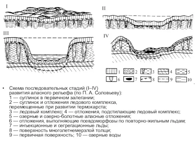 Схема последовательных стадий (I–IV) развития аласного рельефа (по П. А.