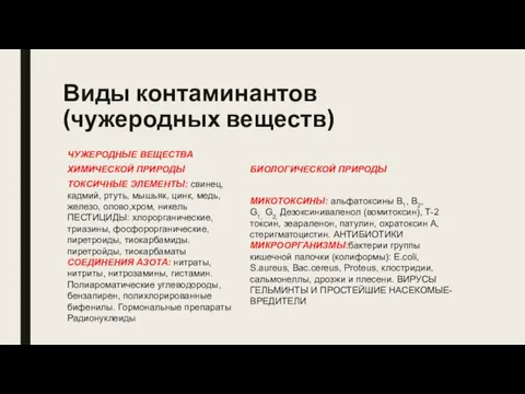 Виды контаминантов (чужеродных веществ)