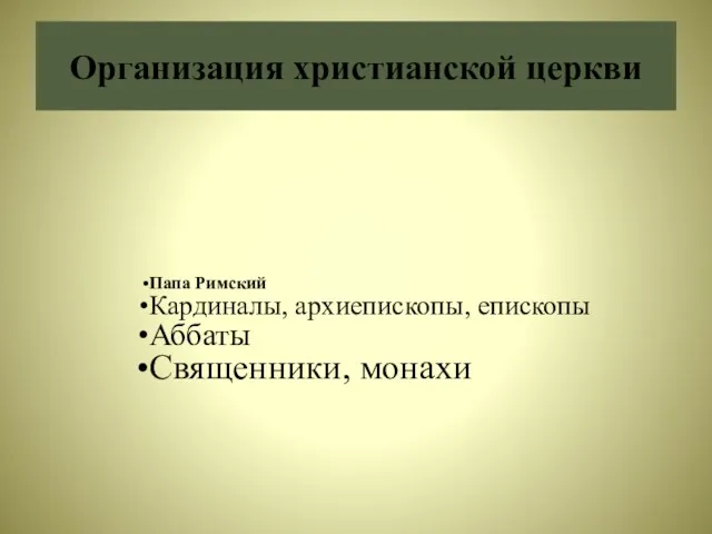 Организация христианской церкви Папа Римский Кардиналы, архиепископы, епископы Аббаты Священники, монахи