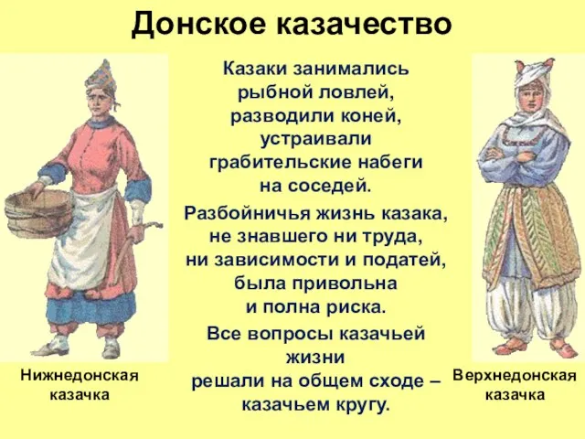 Донское казачество Казаки занимались рыбной ловлей, разводили коней, устраивали грабительские