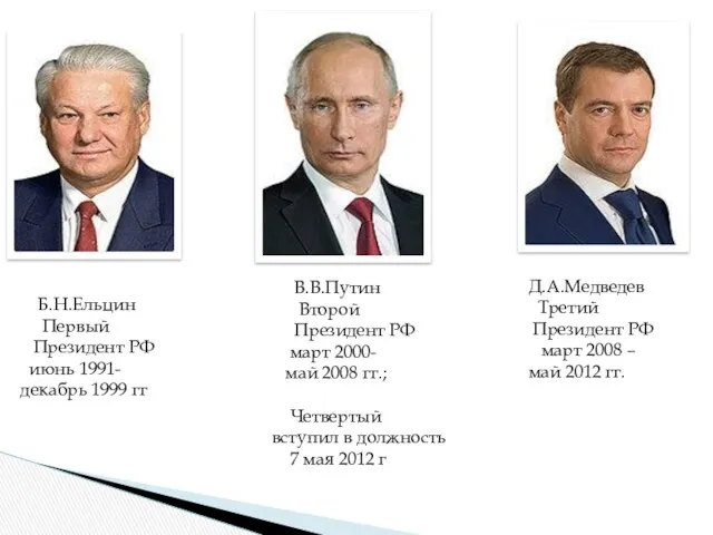 Б.Н.Ельцин Первый Президент РФ июнь 1991- декабрь 1999 гг В.В.Путин