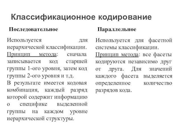 Классификационное кодирование Последовательное Параллельное Используется для иерархической классификации. Принцип метода: