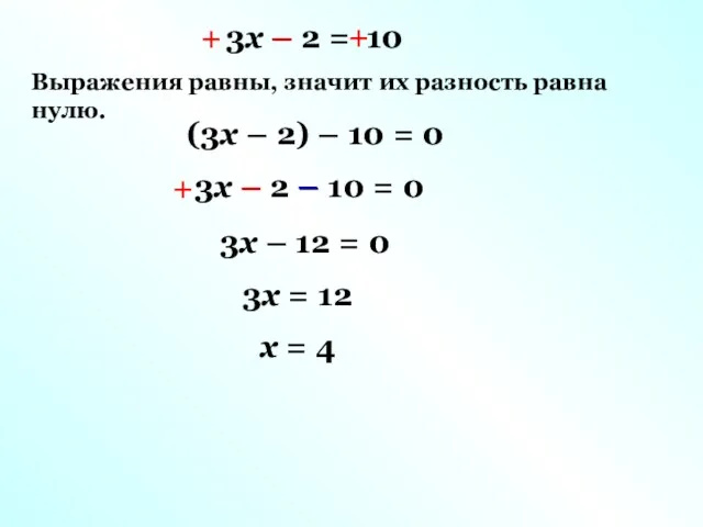 3х – 2 = 10 Выражения равны, значит их разность