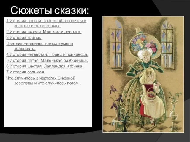 Сюжеты сказки: 1.История первая, в которой говорится о зеркале и его осколках. 2.История