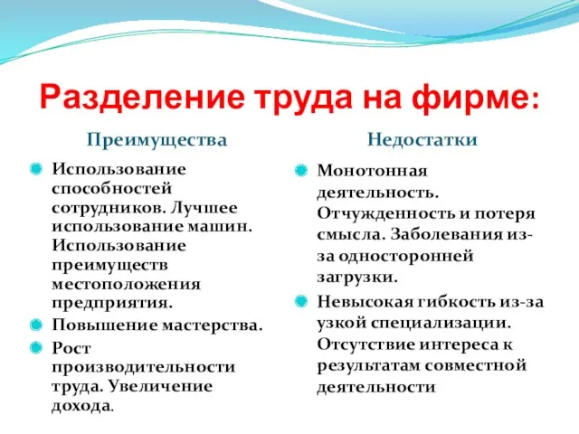 Разделение труда на фирме: Преимущества Недостатки Использование способностей сотрудников. Лучшее