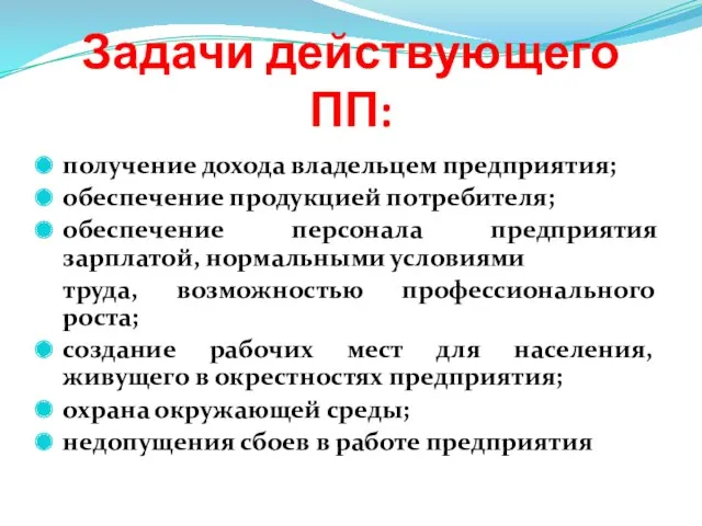 Задачи действующего ПП: получение дохода владельцем предприятия; обеспечение продукцией потребителя;