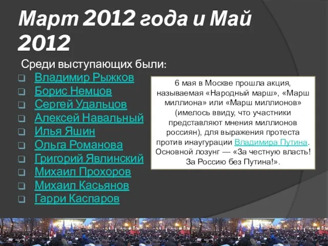 Март 2012 года и Май 2012 Среди выступающих были: Владимир