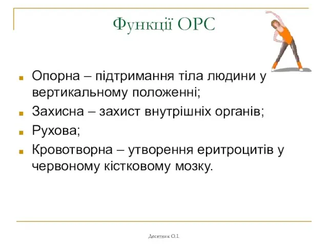 Десятник О.І. Функції ОРС Опорна – підтримання тіла людини у вертикальному положенні; Захисна