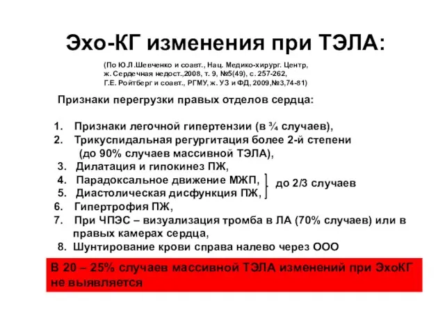 Эхо-КГ изменения при ТЭЛА: Признаки перегрузки правых отделов сердца: Признаки