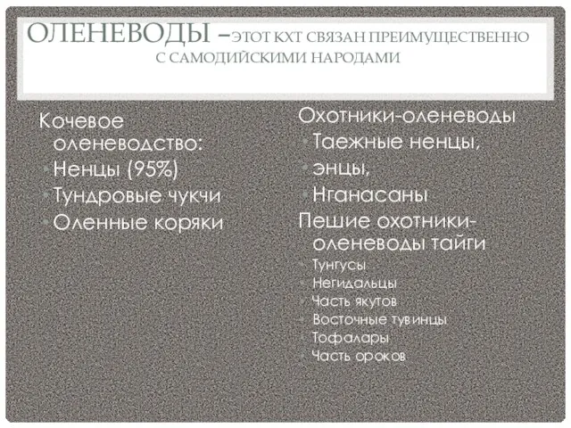 ОЛЕНЕВОДЫ –ЭТОТ КХТ СВЯЗАН ПРЕИМУЩЕСТВЕННО С САМОДИЙСКИМИ НАРОДАМИ Кочевое оленеводство: Ненцы (95%) Тундровые