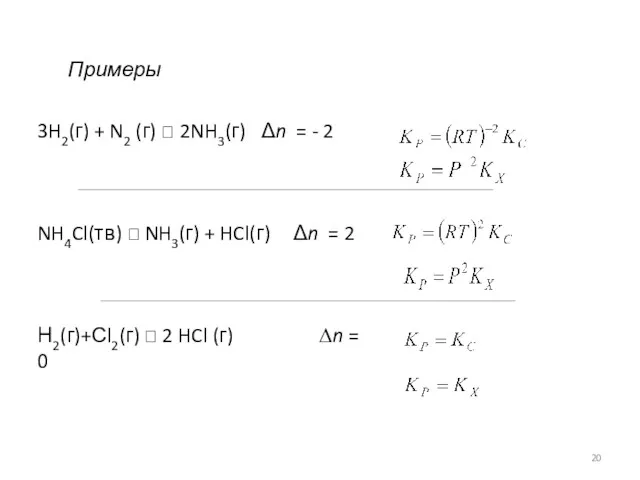 Примеры 3H2(г) + N2 (г) ⮀ 2NH3(г) Δn = -