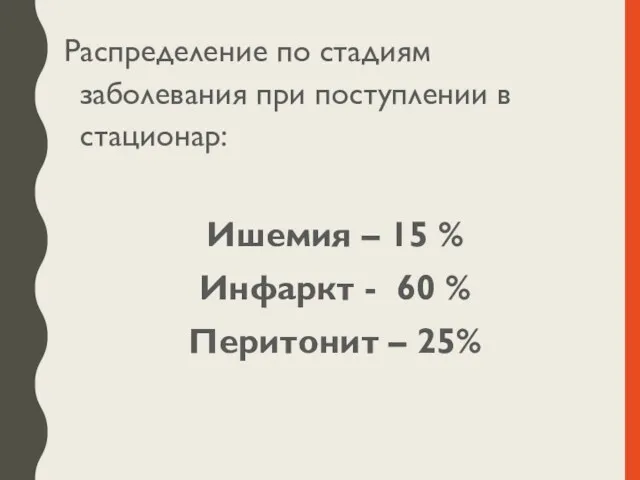 Распределение по стадиям заболевания при поступлении в стационар: Ишемия –