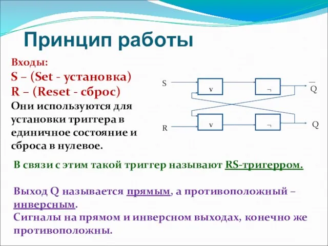 Принцип работы Входы: S – (Set - установка) R –