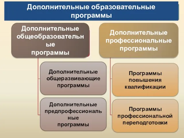 Дополнительные общеразвивающие программы Дополнительные предпрофессиональные программы Программы повышения квалификации Программы