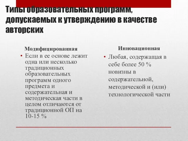 Типы образовательных программ, допускаемых к утверждению в качестве авторских Модифицированная