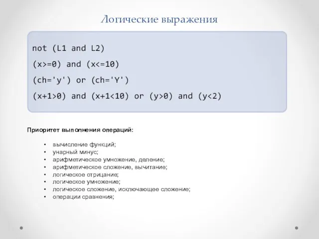 Логические выражения not (L1 and L2) (x>=0) and (x (ch='y')