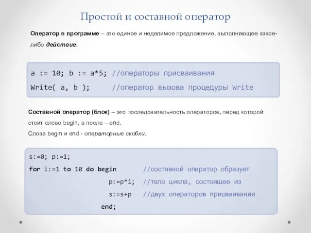 Простой и составной оператор a := 10; b := a*5; //операторы присваивания Write(