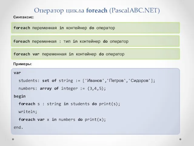 Оператор цикла foreach (PascalABC.NET) foreach переменная in контейнер do оператор