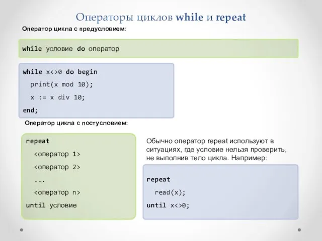 Операторы циклов while и repeat while условие do оператор Оператор цикла с предусловием:
