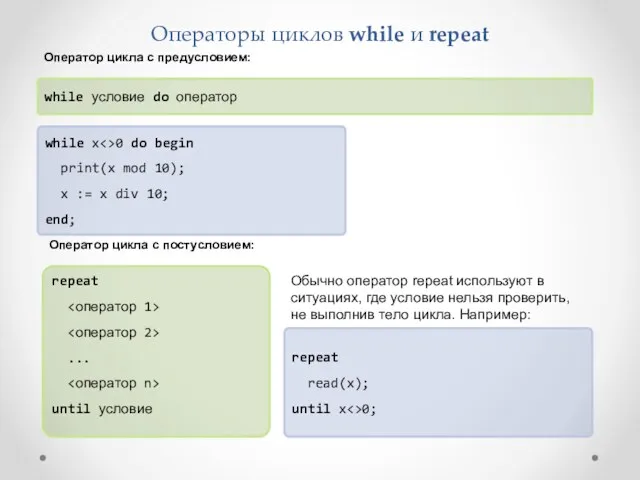 Операторы циклов while и repeat while условие do оператор Оператор