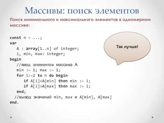 Массивы: поиск элементов Поиск минимального и максимального элементов в одномерном массиве: const n