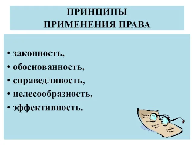 ПРИНЦИПЫ ПРИМЕНЕНИЯ ПРАВА законность, обоснованность, справедливость, целесообразность, эффективность.