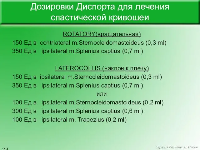 ROTATORY(вращательная) 150 Ед в сontrlateral m.Sternocleidomastoideus (0,3 ml) 350 Ед