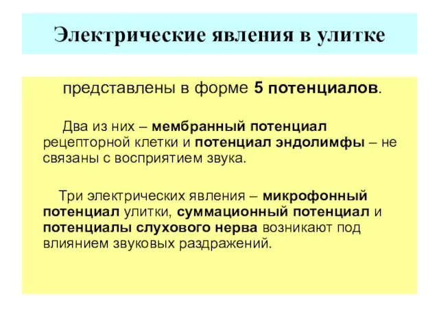 Электрические явления в улитке представлены в форме 5 потенциалов. Два