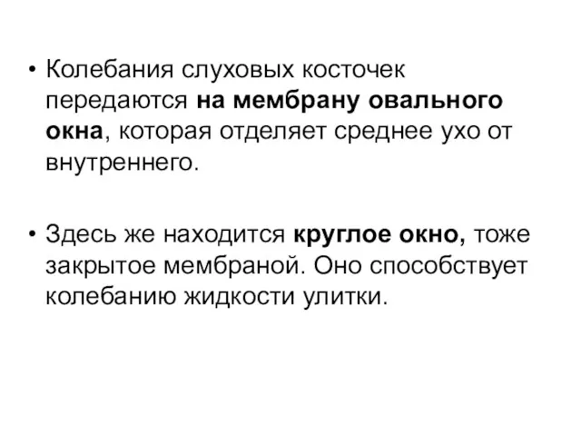 Колебания слуховых косточек передаются на мембрану овального окна, которая отделяет