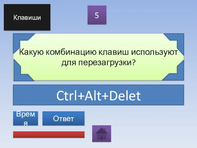 Ctrl+Alt+Delet Какую комбинацию клавиш используют для перезагрузки? 5 Ответ Клавиши Время