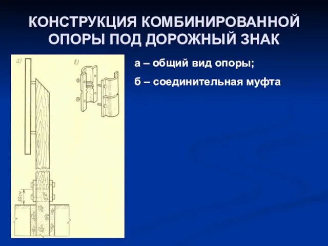 КОНСТРУКЦИЯ КОМБИНИРОВАННОЙ ОПОРЫ ПОД ДОРОЖНЫЙ ЗНАК а – общий вид опоры; б – соединительная муфта