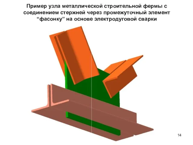 Пример узла металлической строительной фермы с соединением стержней через промежуточный элемент “фасонку” на основе электродуговой сварки