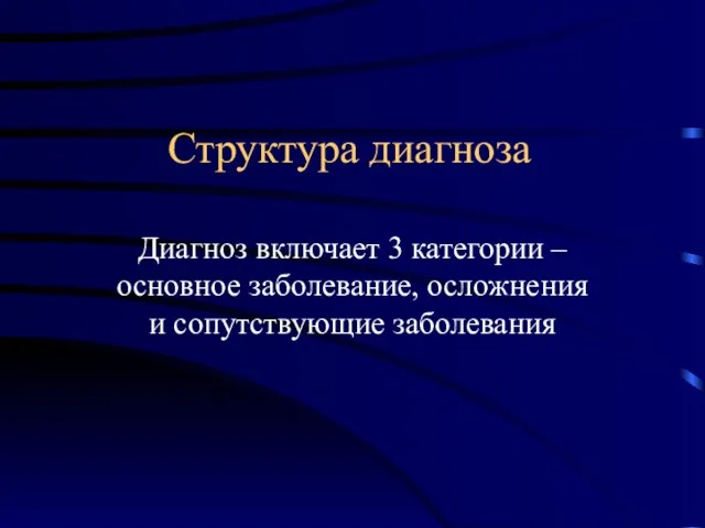 Структура диагноза Диагноз включает 3 категории – основное заболевание, осложнения и сопутствующие заболевания