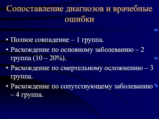 Сопоставление диагнозов и врачебные ошибки Полное совпадение – 1 группа.