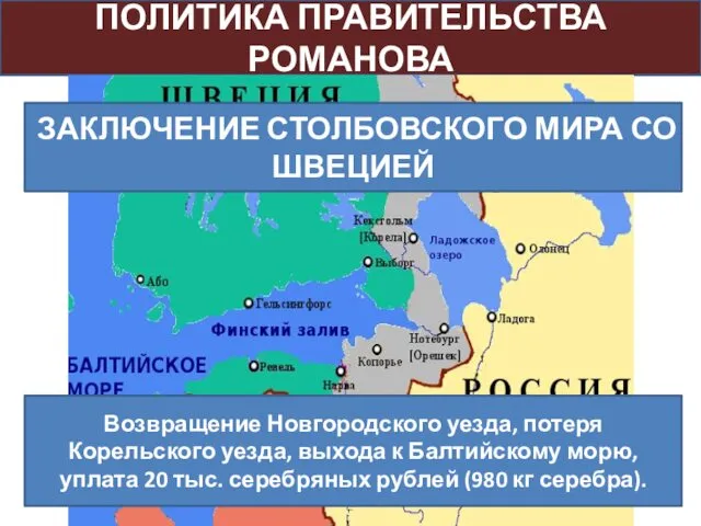 ПОЛИТИКА ПРАВИТЕЛЬСТВА РОМАНОВА Возвращение Новгородского уезда, потеря Корельского уезда, выхода