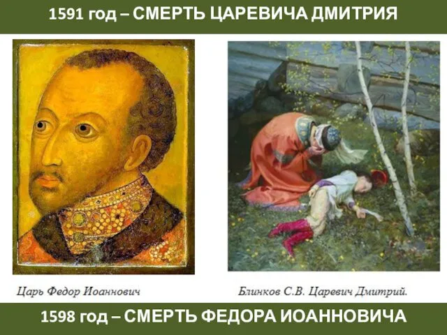 1591 год – СМЕРТЬ ЦАРЕВИЧА ДМИТРИЯ 1598 год – СМЕРТЬ ФЕДОРА ИОАННОВИЧА