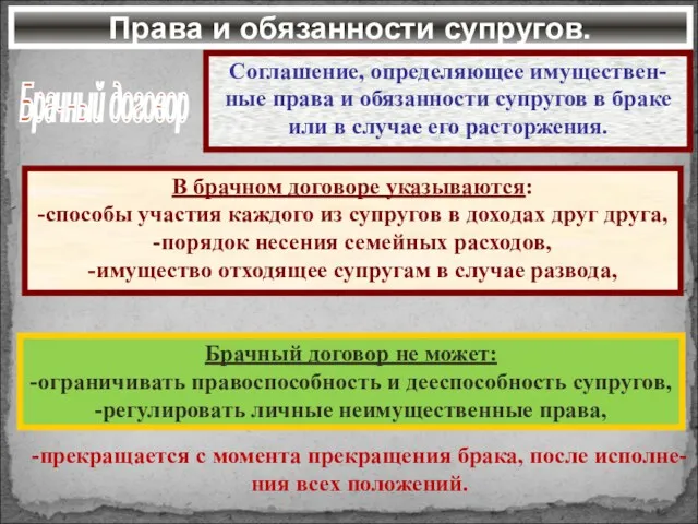 Права и обязанности супругов. Брачный договор Соглашение, определяющее имуществен-ные права